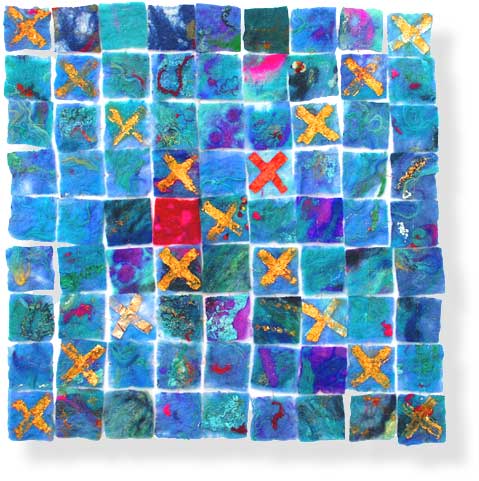 Contemporary abstract textile art by textile artist and feltmaker Mary-Clare Buckle - 'Kiss Kiss'